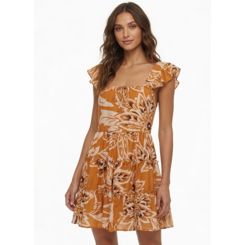 Band of the Free Yellow-Orange Floral Ruffle Tiered Mini Dress Open Back‎ Small